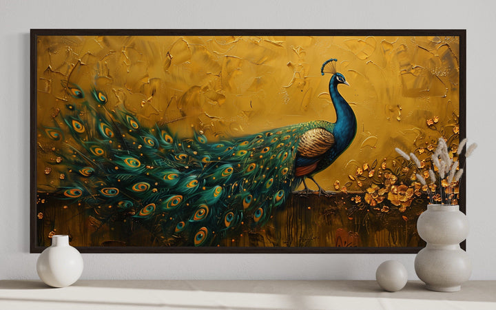 Peacock on Gold Background Framed Canvas Wall Art