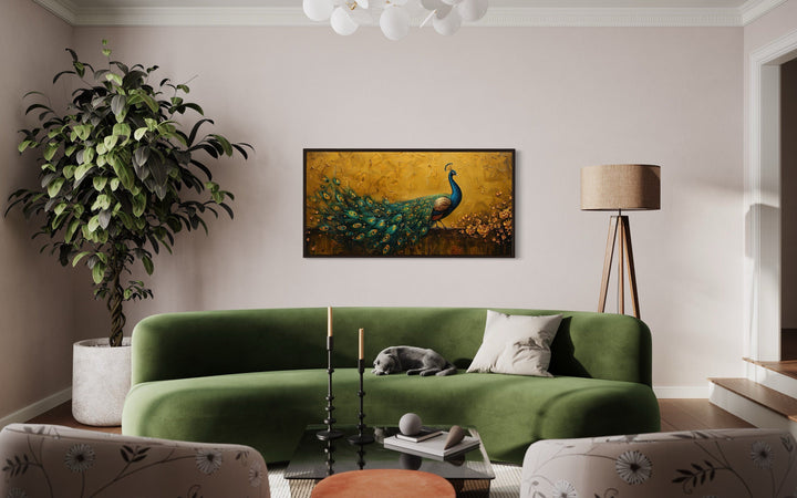 Peacock on Gold Background Framed Canvas Wall Art