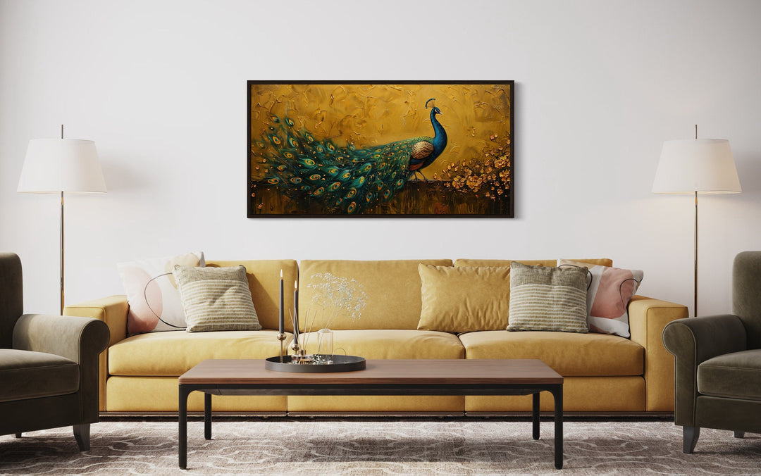 Peacock on Gold Background Framed Canvas Wall Art