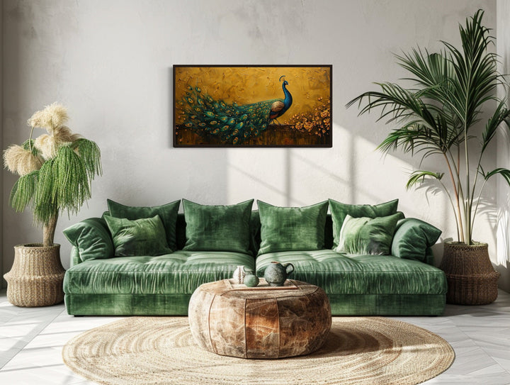 Peacock on Gold Background Framed Canvas Wall Art