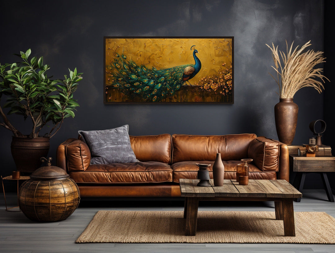 Peacock on Gold Background Framed Canvas Wall Art