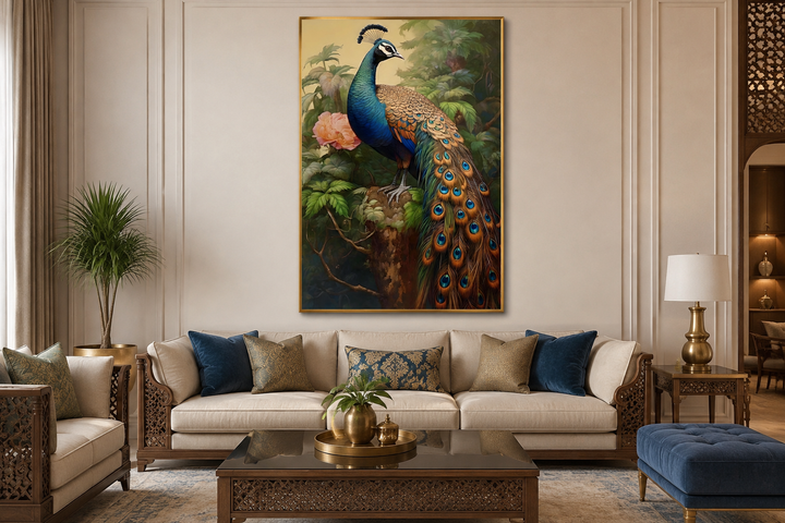 Chinese Peacock Framed Canvas Wall Art hanging above a sofa in a traditional living room.