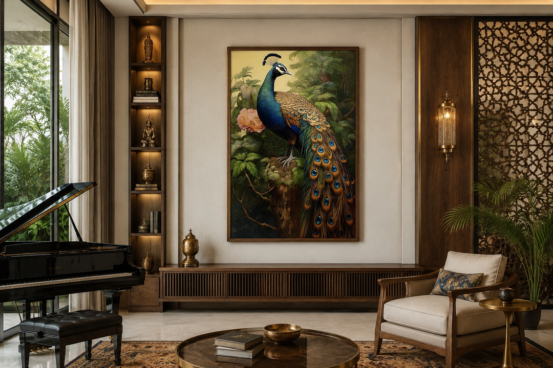 Chinese peacock framed canvas wall art featuring a majestic peacock in a traditional painting style.