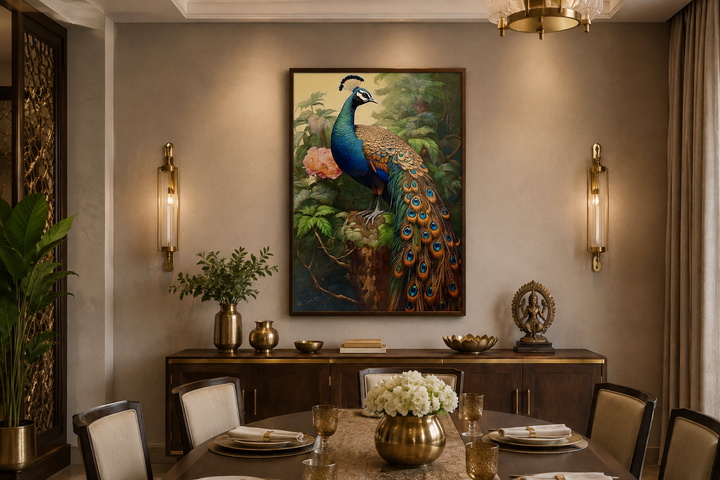Chinese peacock framed canvas wall art hanging above a wooden sideboard in a dining room.