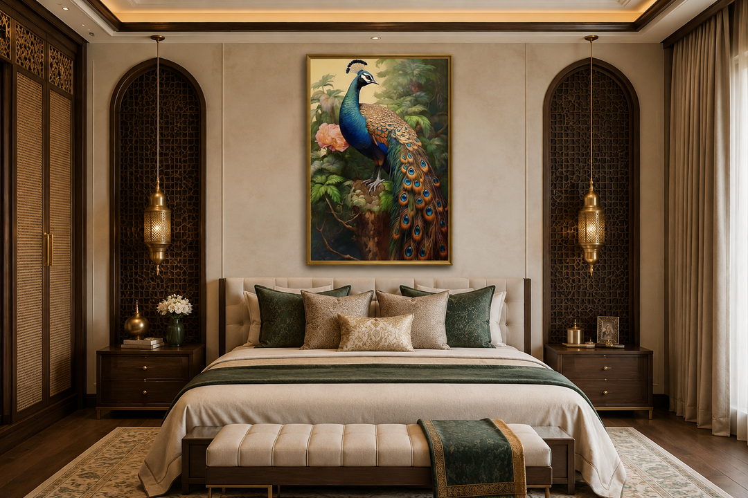 Chinese peacock framed canvas wall art hanging above a bed in a sophisticated bedroom.