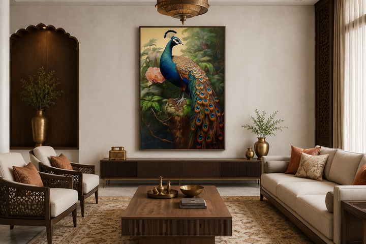 Chinese peacock framed canvas wall art in a traditional living room with neutral tones.