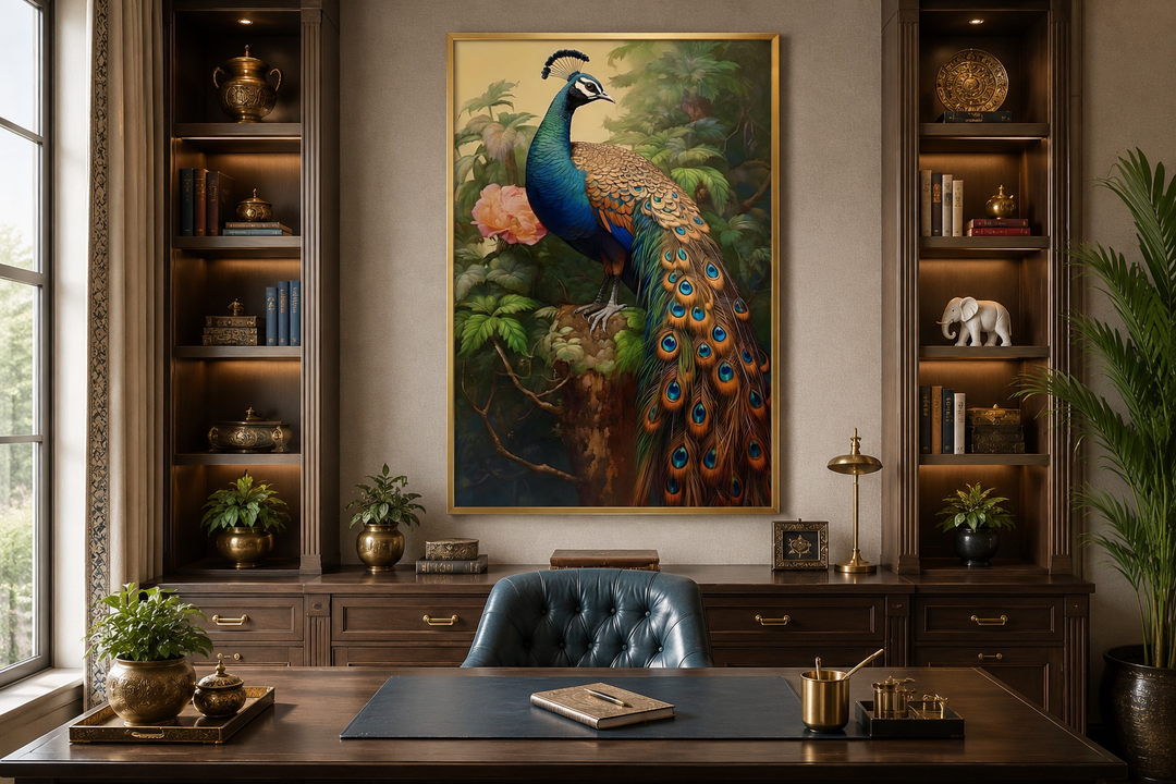 Chinese peacock framed canvas wall art hanging in a traditional home office above a wooden desk.