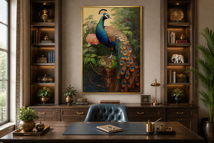 Chinese peacock framed canvas wall art hanging in a traditional home office above a wooden desk.