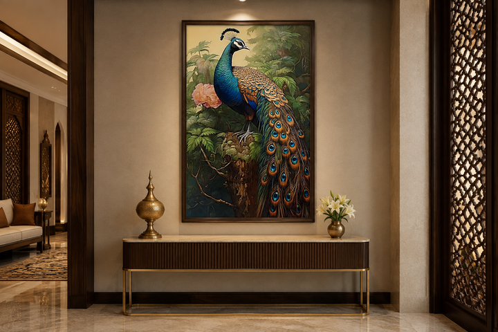 Chinese Peacock Framed Canvas Wall Art featuring a majestic peacock in a traditional painting style.