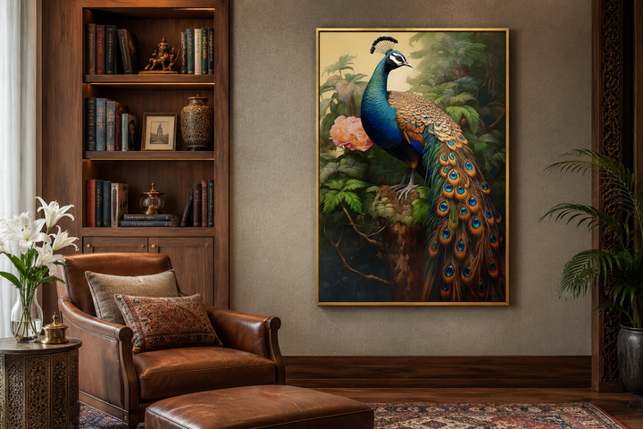 Chinese peacock framed canvas wall art in a traditional living room with a leather armchair.