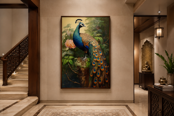 Chinese Peacock Framed Canvas Wall Art featuring a majestic peacock in a traditional style.