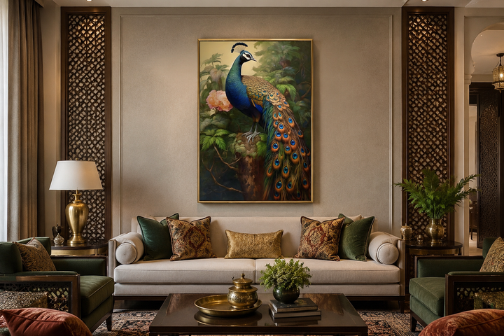 Chinese peacock framed canvas wall art hanging above a sofa in a traditional living room.