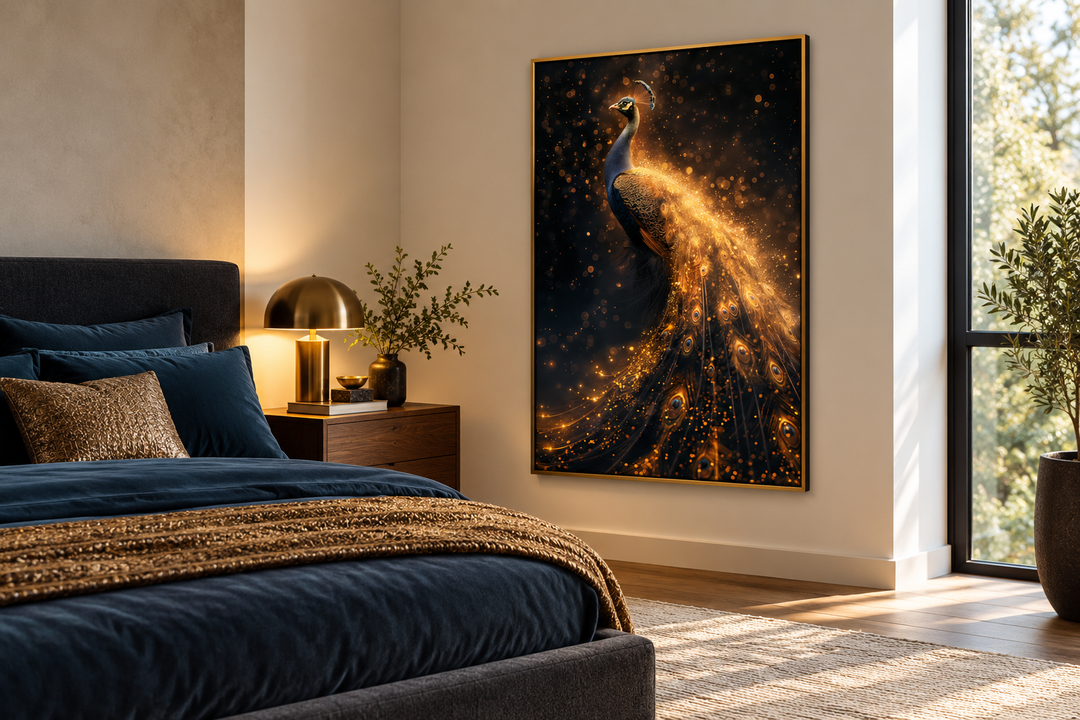 Vertical framed canvas wall art featuring a shimmering gold peacock on a black background.