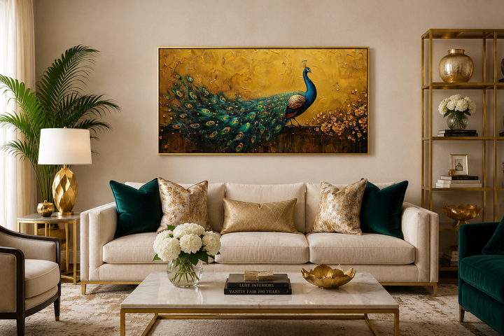 Framed peacock canvas wall art with a gold background hanging above a cream sofa in a living room.