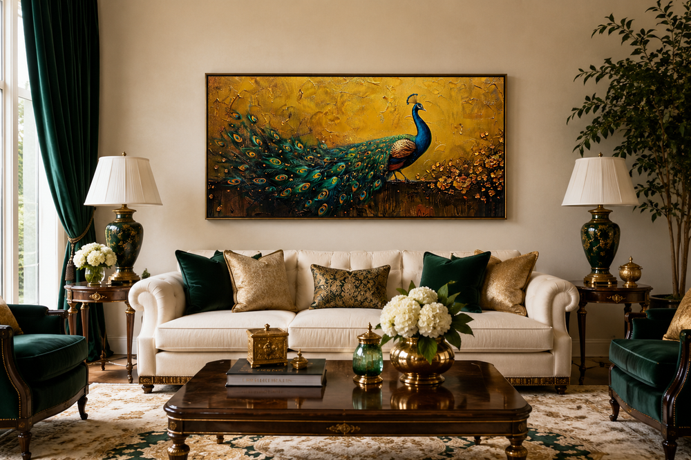 Framed peacock canvas print with a gold background hanging above a white sofa in a living room.