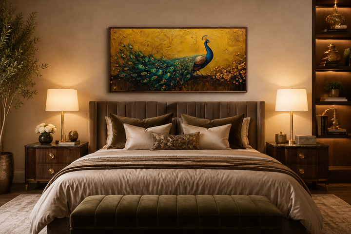 Framed peacock canvas print with a gold background hanging above a bed in a modern bedroom.