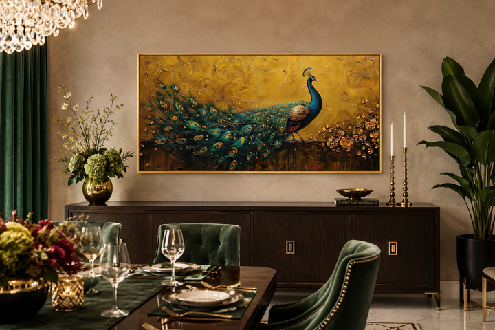 Framed peacock canvas wall art with a textured gold background above a dark wood sideboard.