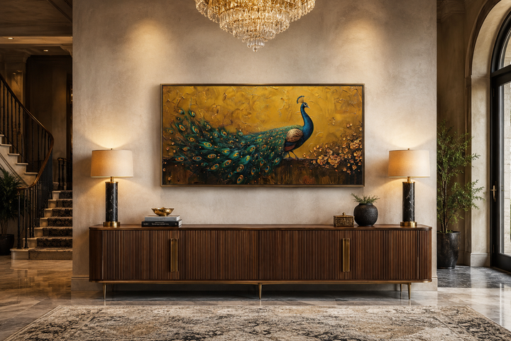 Framed peacock canvas print with a textured gold background above a wooden sideboard.