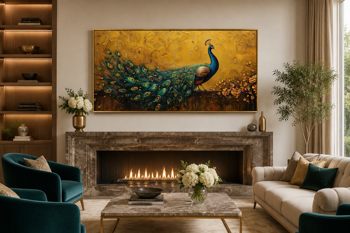 Framed peacock canvas wall art with a gold background hanging above a marble fireplace.