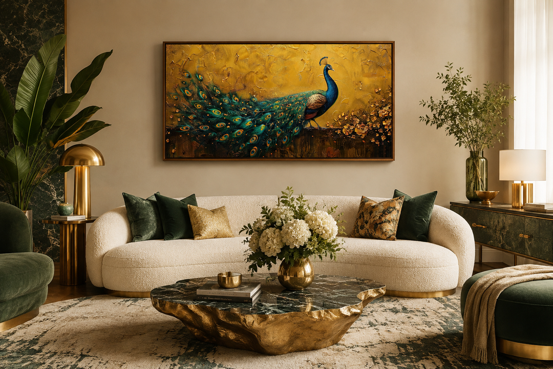 Framed peacock canvas print with a gold background hanging above a white sofa in a living room.