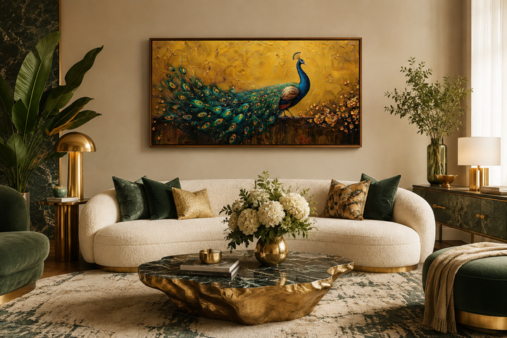 Framed peacock canvas print with a gold background hanging above a white sofa in a living room.