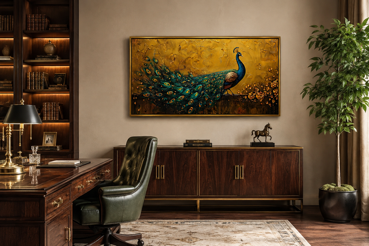 Framed peacock canvas print with a textured gold background hanging in a classic home office.
