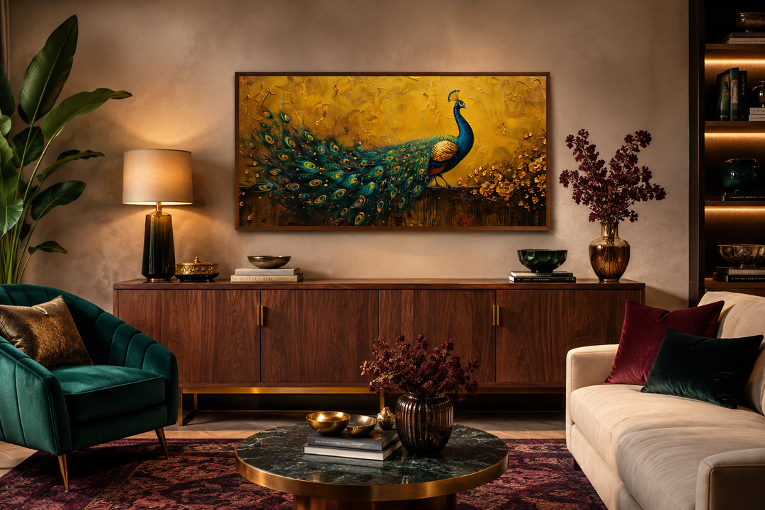 Framed peacock canvas wall art with a textured gold background above a wooden sideboard.