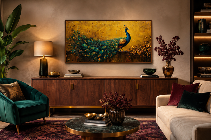 Framed peacock canvas wall art with a textured gold background above a wooden sideboard.