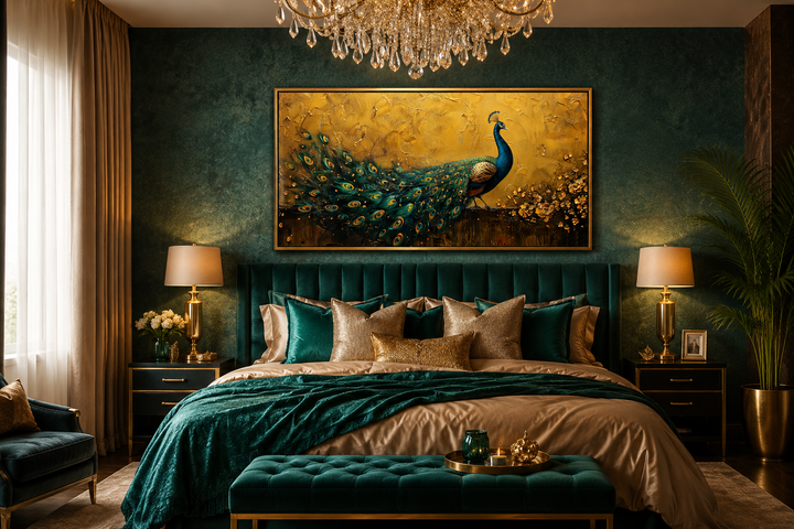 Framed peacock canvas print with a textured gold background hanging above a bed in a bedroom.