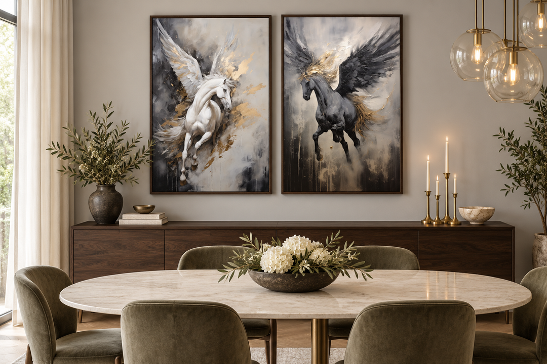 Set of 2 framed canvas prints featuring black and white Pegasus horses with gold accents.
