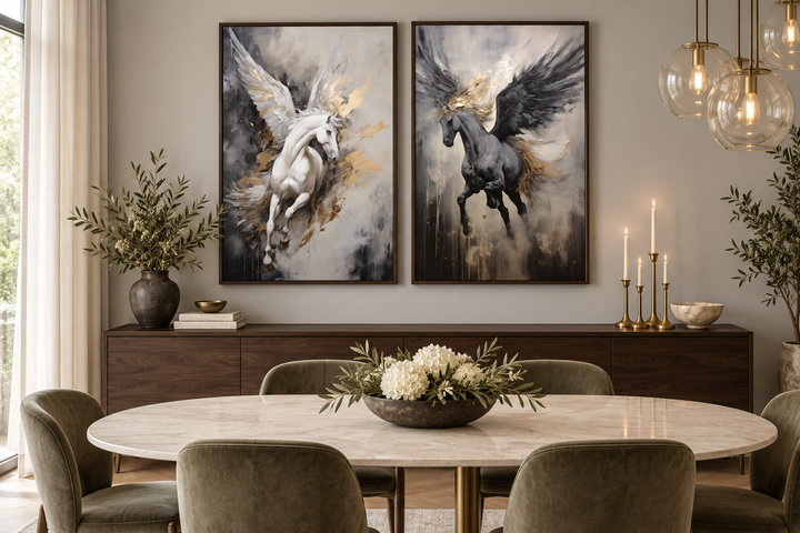 Set of 2 framed canvas prints featuring black and white Pegasus horses with gold accents.