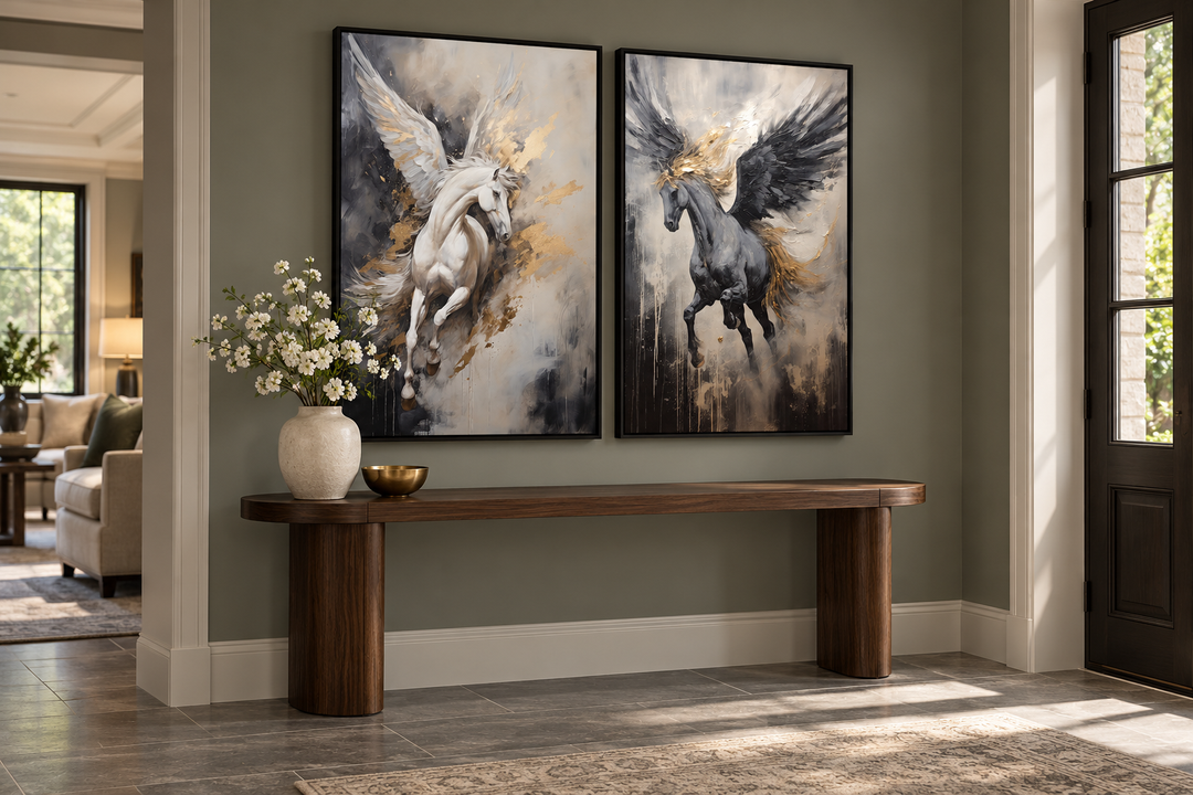 Set of 2 framed canvas prints featuring black, white, and gold Pegasus horses in dynamic poses.