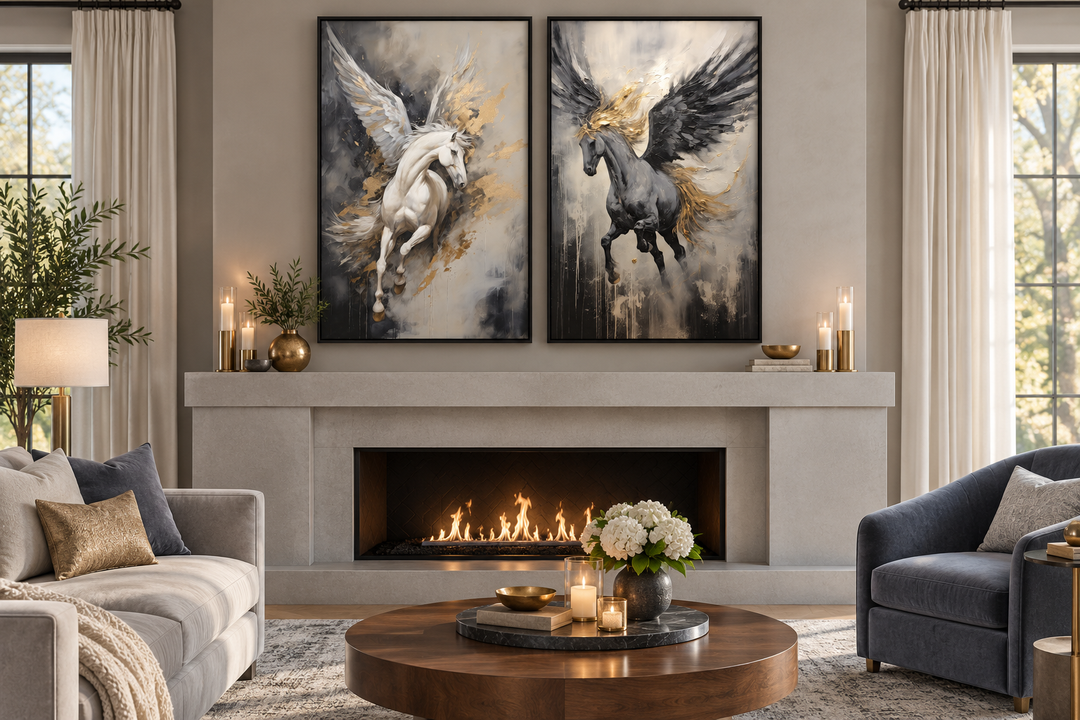 Set of 2 framed canvas prints featuring black and white Pegasus horses with gold accents.