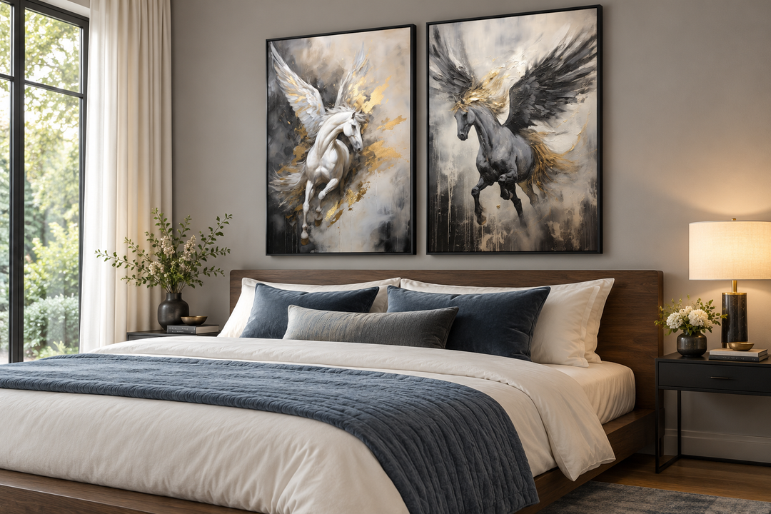 Set of 2 framed canvas wall art featuring black, white, and gold Pegasus horses above a bed.
