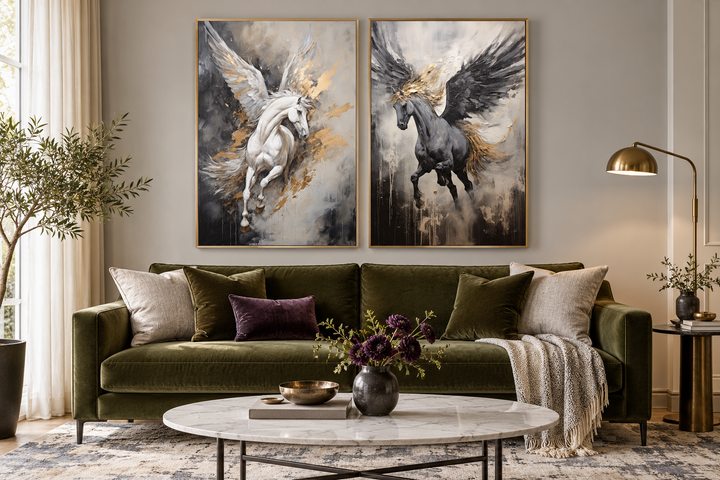Set of 2 framed canvas wall art featuring black and white Pegasus horses with gold accents.