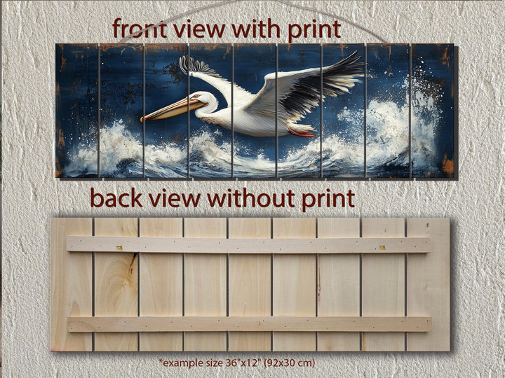 Horizontal wood wall art featuring a pelican flying over ocean waves with a distressed finish.