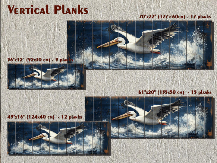 Horizontal nautical wall art of a pelican flying over ocean waves on distressed wood planks.