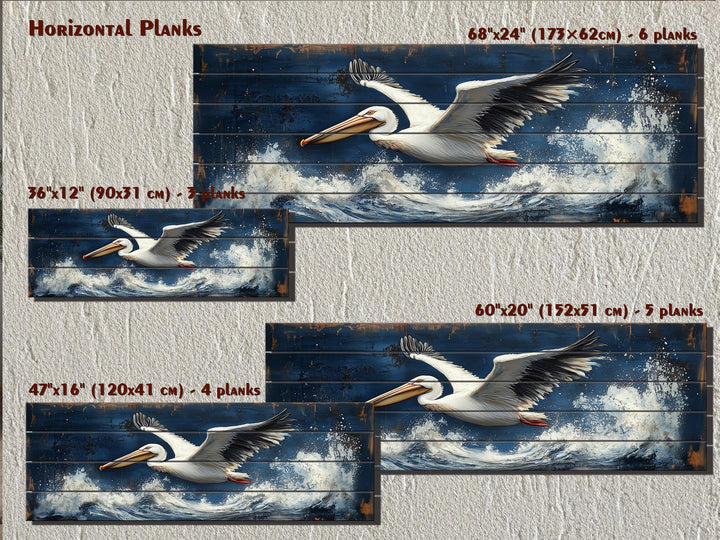 Pelican flying over ocean waves printed on horizontal distressed wood planks in four size options.
