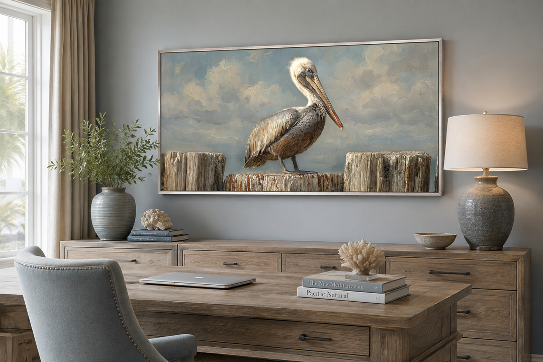 Pelican standing on aged wooden posts coastal canvas wall art in a neutral office setting.