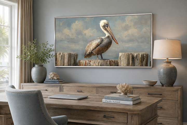 Pelican standing on aged wooden posts coastal canvas wall art in a neutral office setting.