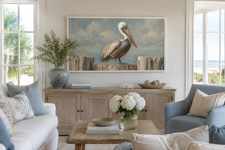 Pelican Standing On Wooden Posts Coastal Canvas Wall Art above a wooden sideboard in a living room.