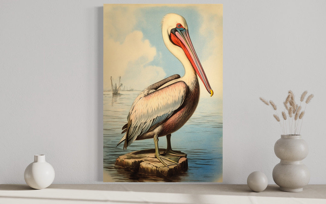 Pelican Watercolor Vintage Painting Framed Canvas Wall Art