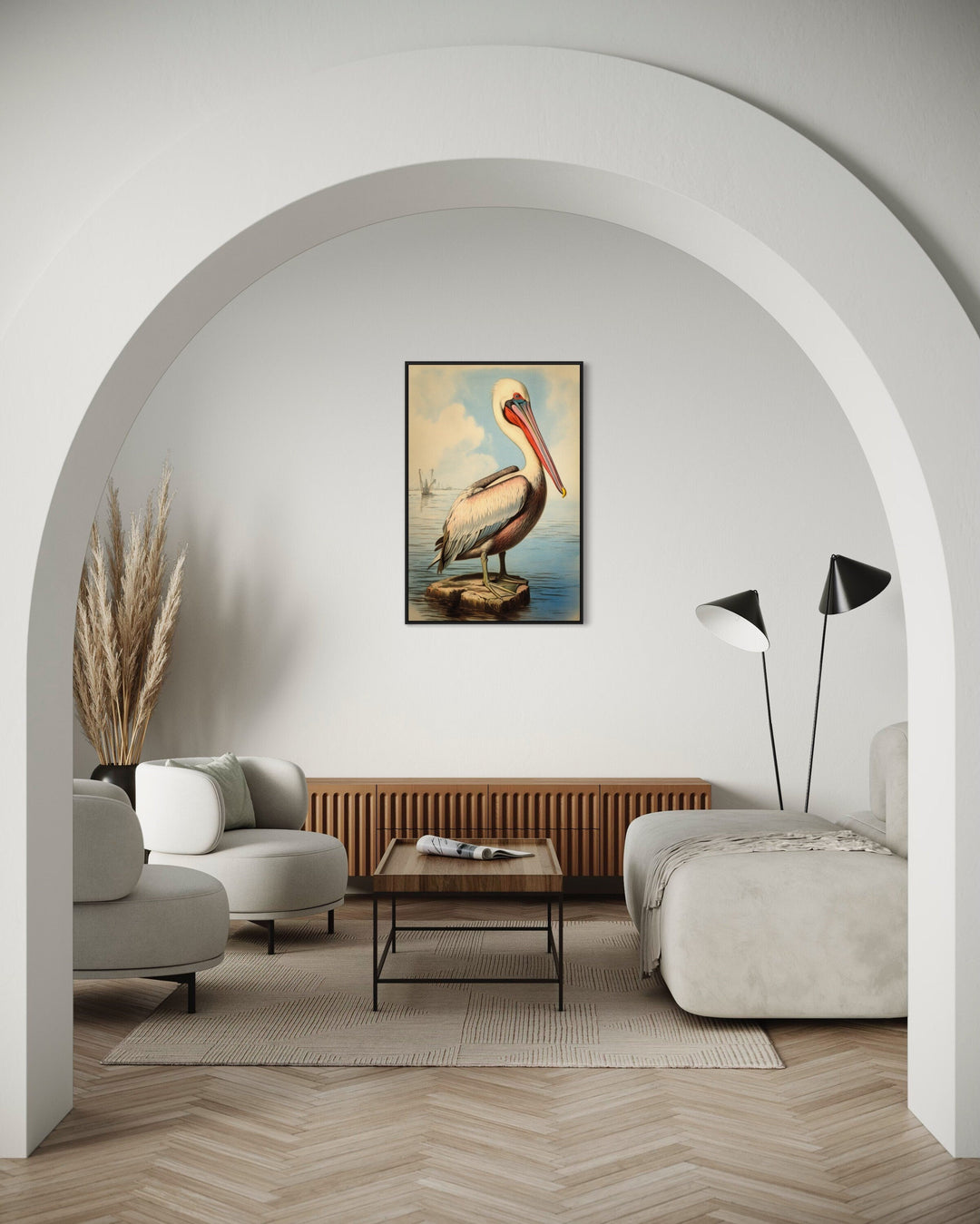 Pelican Watercolor Vintage Painting Framed Canvas Wall Art