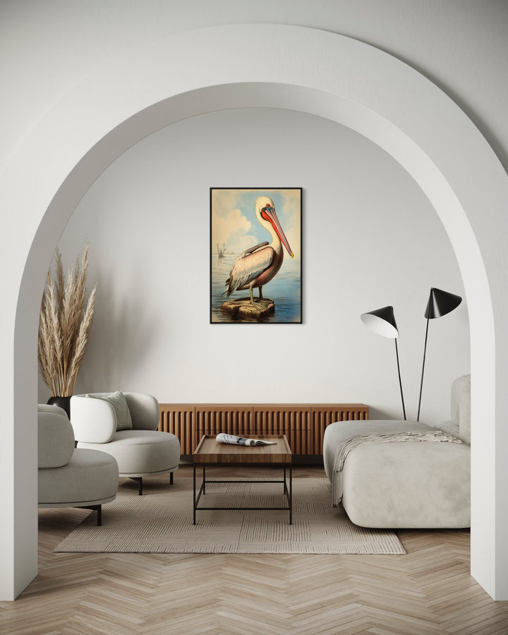 Pelican Watercolor Vintage Painting Framed Canvas Wall Art