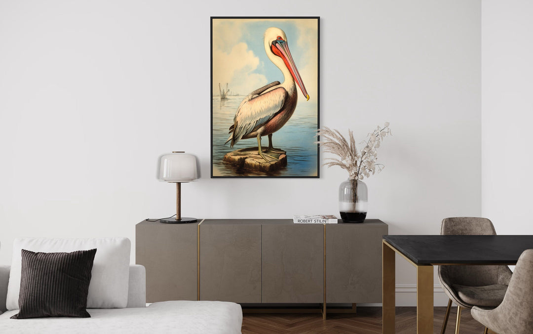 Pelican Watercolor Vintage Painting Framed Canvas Wall Art
