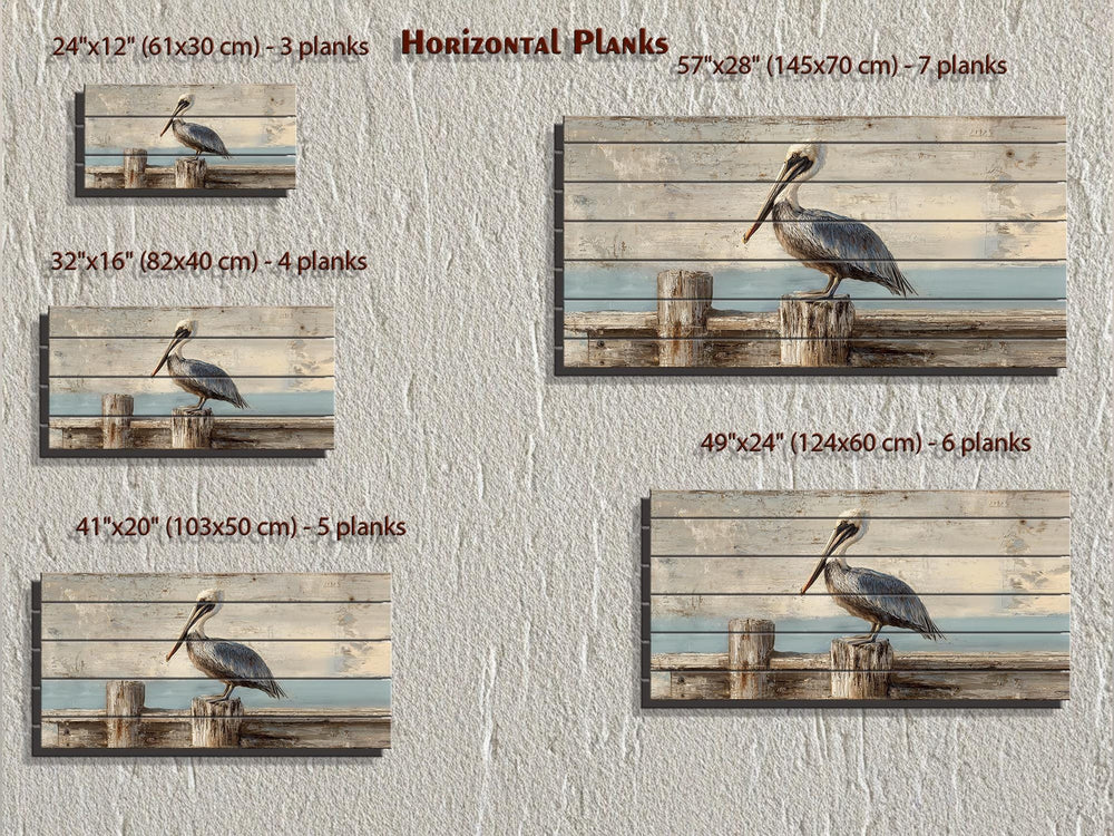 Pelican on a wooden dock coastal wall art shown in five sizes on horizontal wood planks.