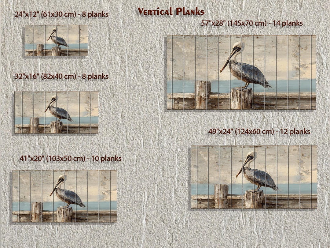 Pelican on a wooden dock coastal wall art shown in five sizes of vertical wood plank panels.