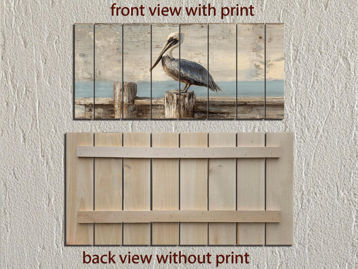 Pelican on a wooden dock coastal wall art print on distressed wood planks, front and back views.
