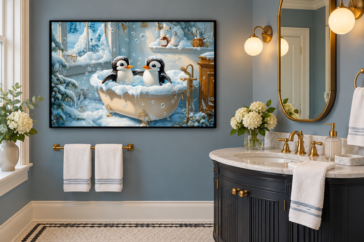 Framed canvas wall art of two penguins in a bubble-filled bathtub, hanging in a blue bathroom.