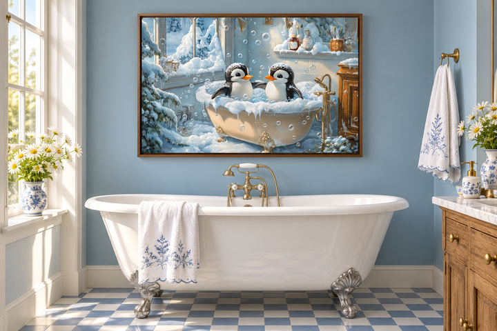 Framed canvas art of two penguins in a bathtub, hanging in a blue cottage-style bathroom.